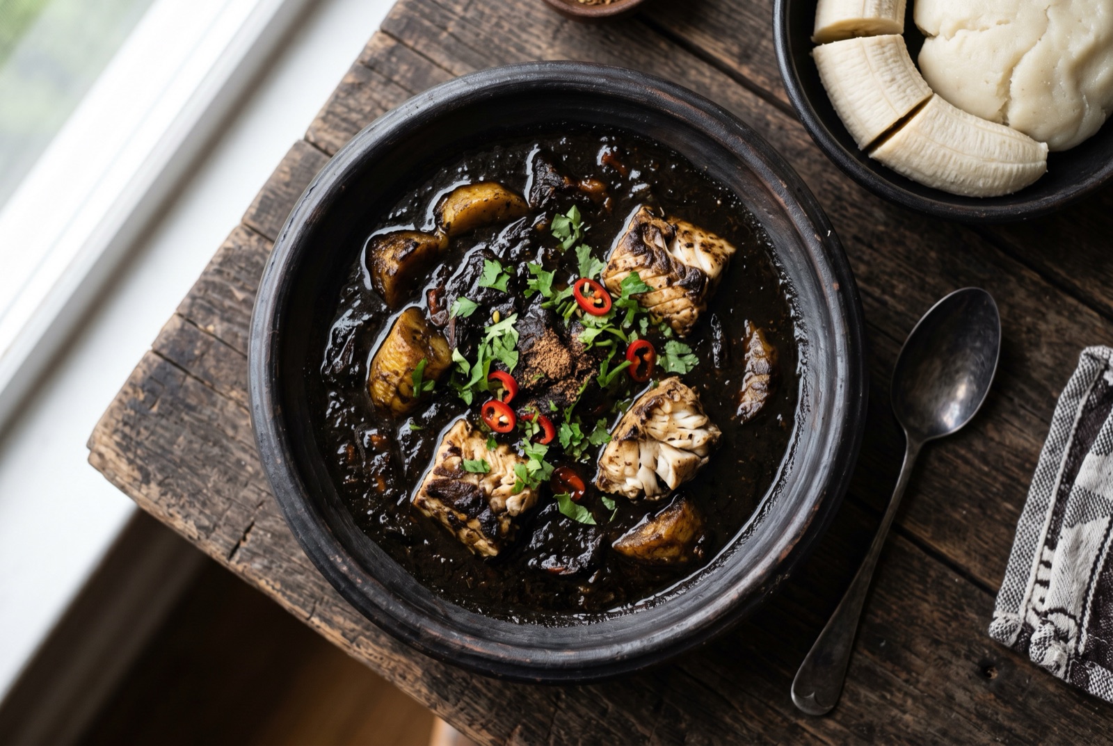 Fish steaks in a jet-black mbongo tchobi sauce scattered with basil leaves, served with boiled plantain