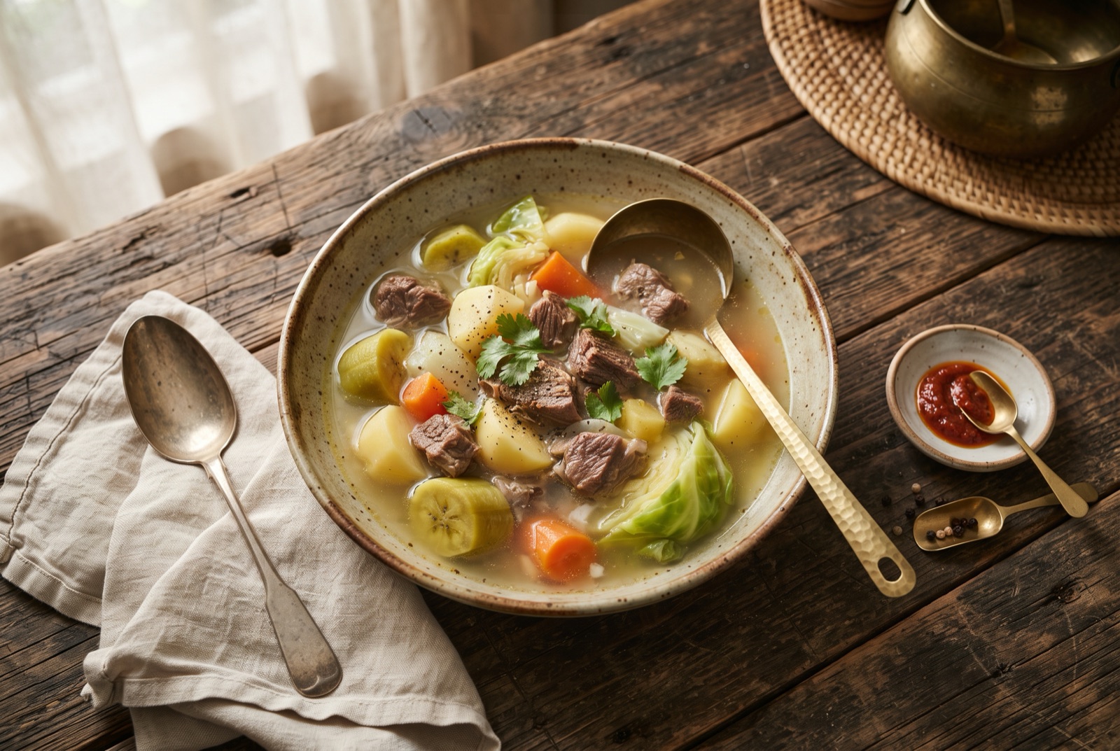 Deep bowl of mchemsho with chunks of green plantain, potato, carrot, cabbage and beef in a pale broth