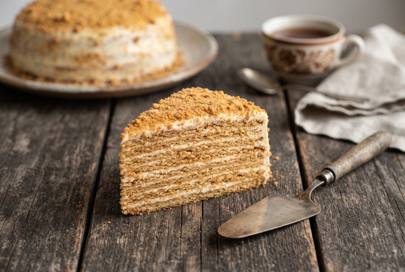 Slice of Russian medovik honey cake showing many thin dark layers with pale sour cream between them