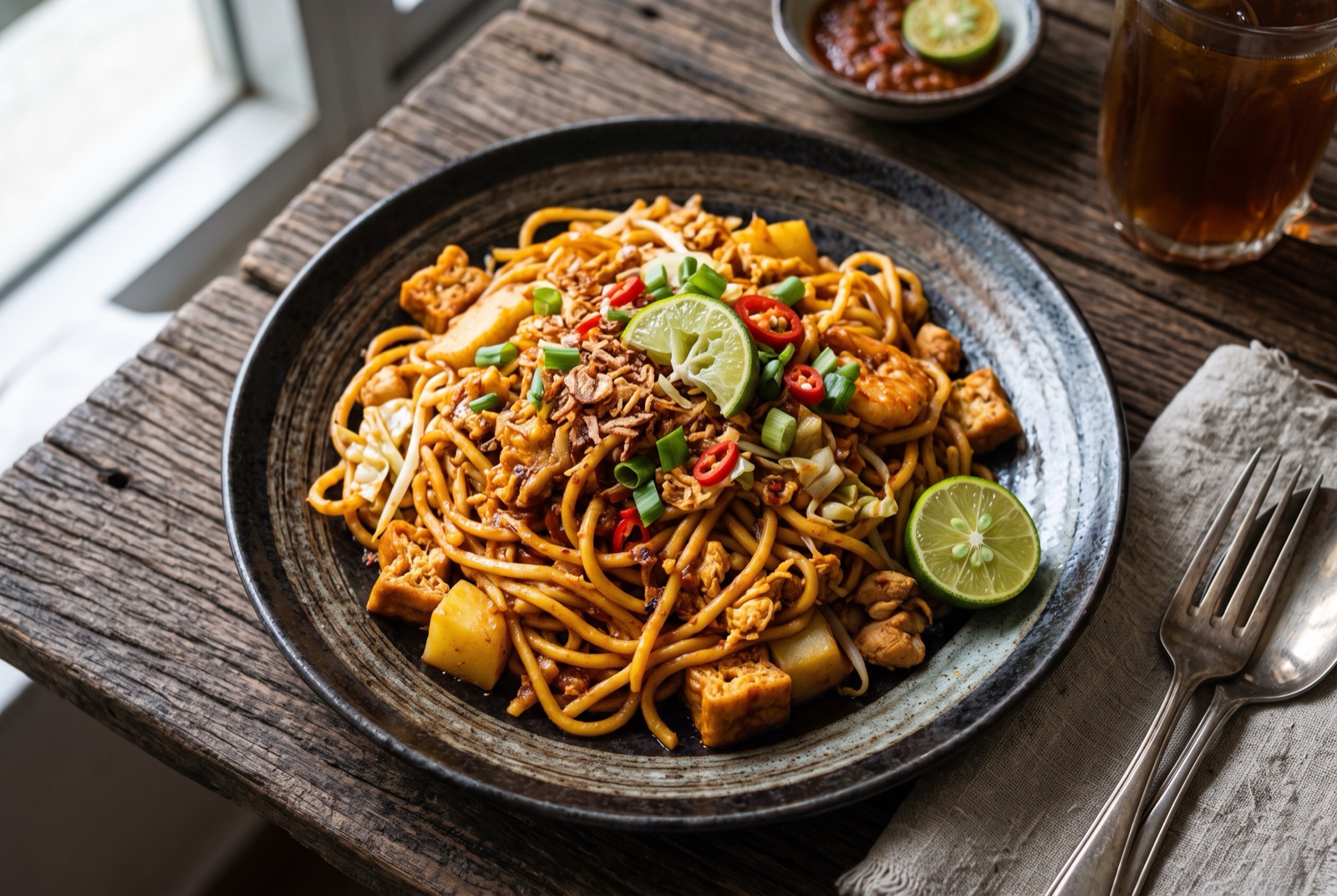 Plate of orange fried yellow noodles with tofu puffs, potato cubes, egg and bean sprouts, lime wedge on the side