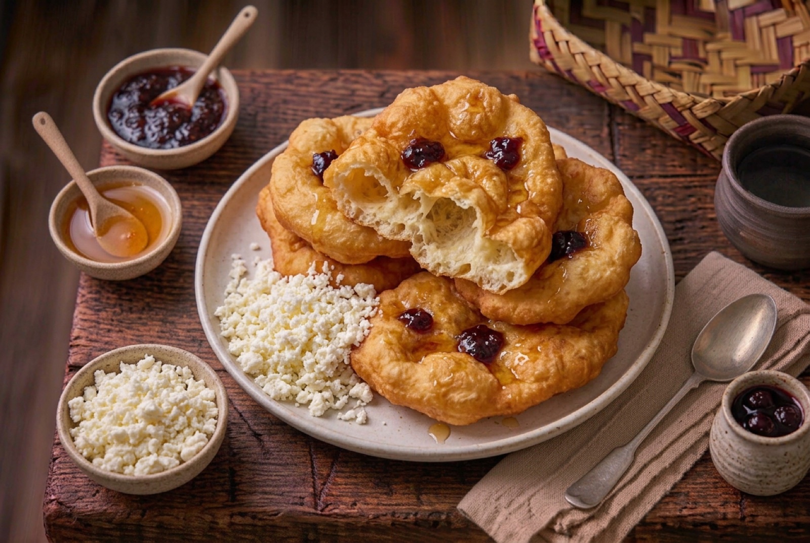 Plate of puffed golden fried dough pieces beside crumbled white cheese and a bowl of dark jam