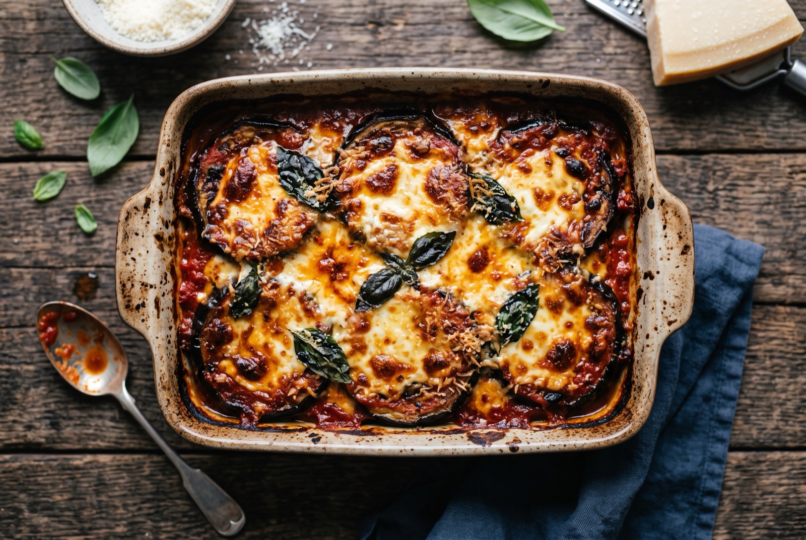 Baked aubergine parmigiana in a dish, browned cheese on top and visible layers of aubergine and tomato in a cut portion