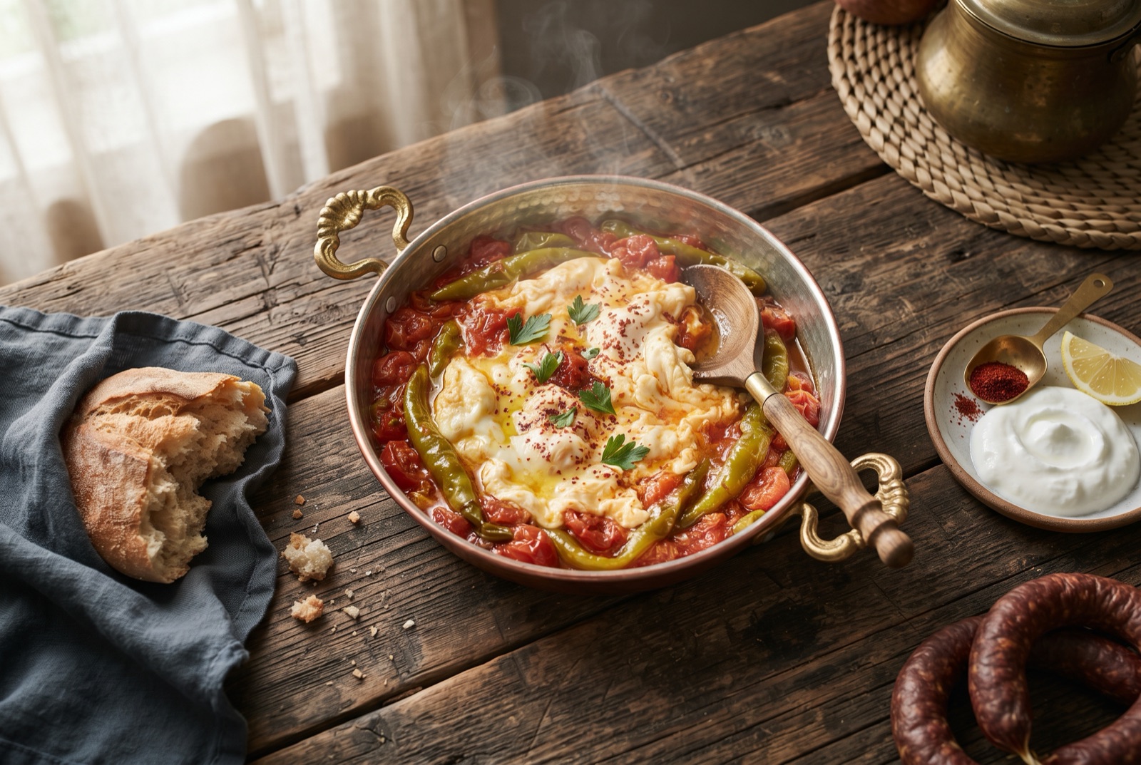 Pan of menemen with soft scrambled eggs folded through jammy tomatoes and green peppers