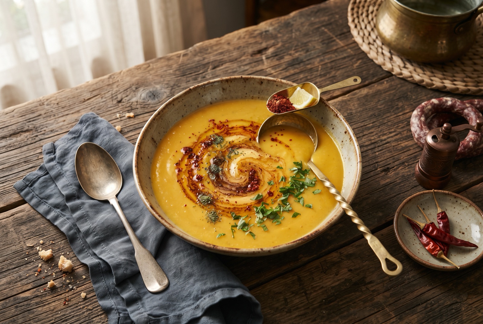 A bowl of golden Turkish red lentil soup topped with red pepper butter, lemon wedges alongside