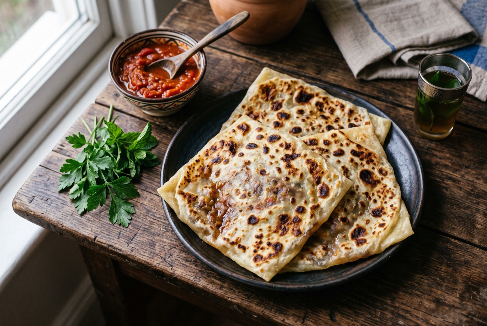 Stack of Algerian mhadjeb, blistered square semolina crepes cut open to show dark onion and tomato filling