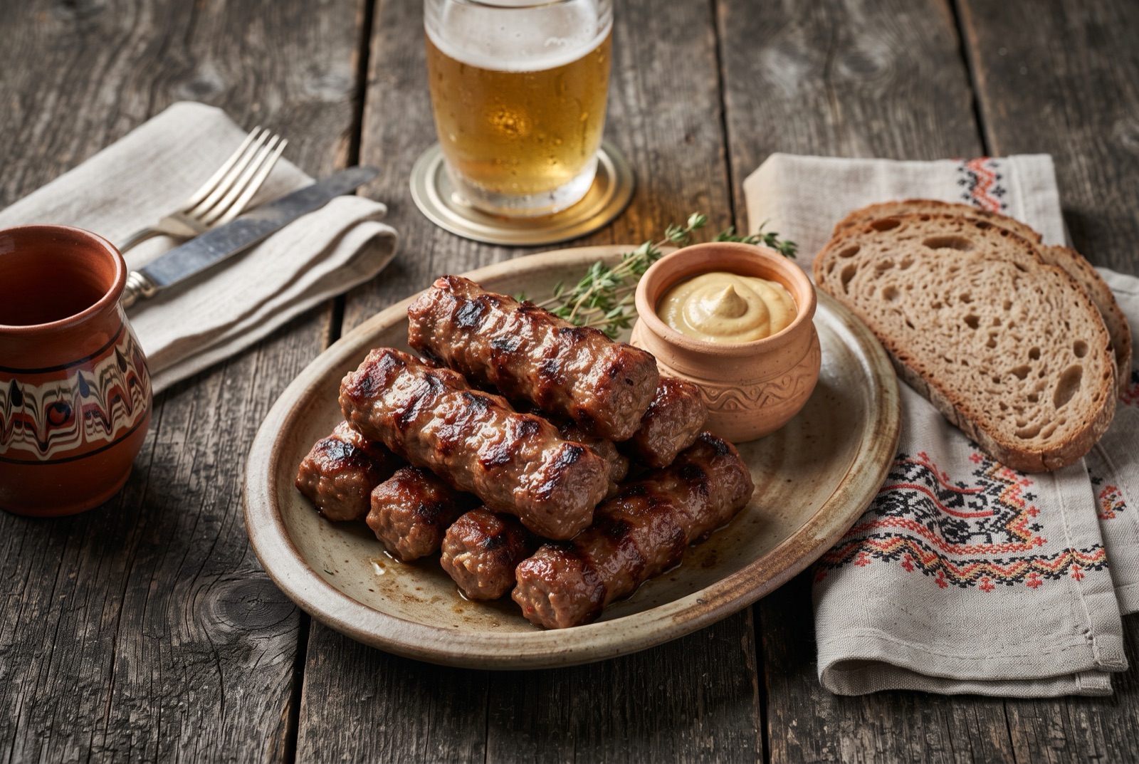 Charred skinless grilled meat rolls on a smoking charcoal grill with mustard and white bread beside them