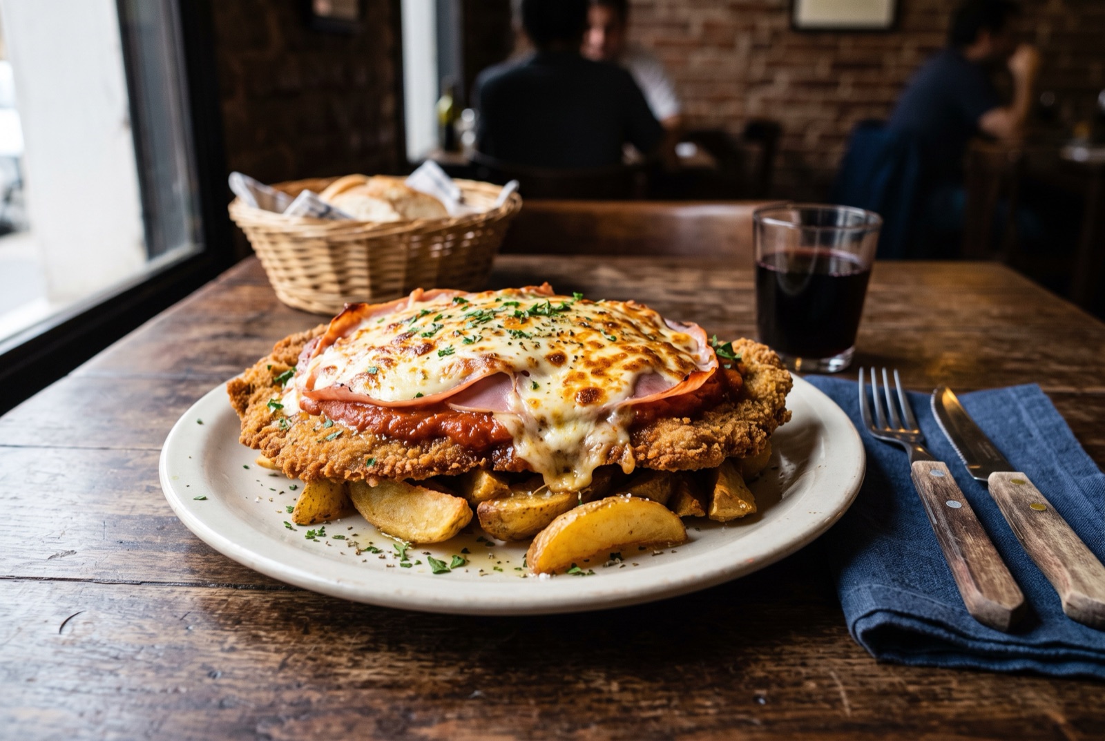 Breaded beef milanesa topped with tomato sauce, ham and browned melted mozzarella beside a pile of fries