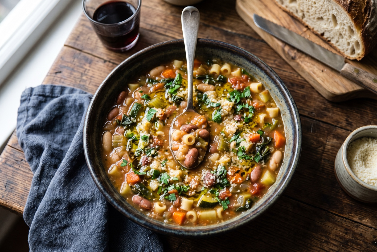 Bowl of thick minestrone packed with diced vegetables, beans and small pasta, drizzled with olive oil