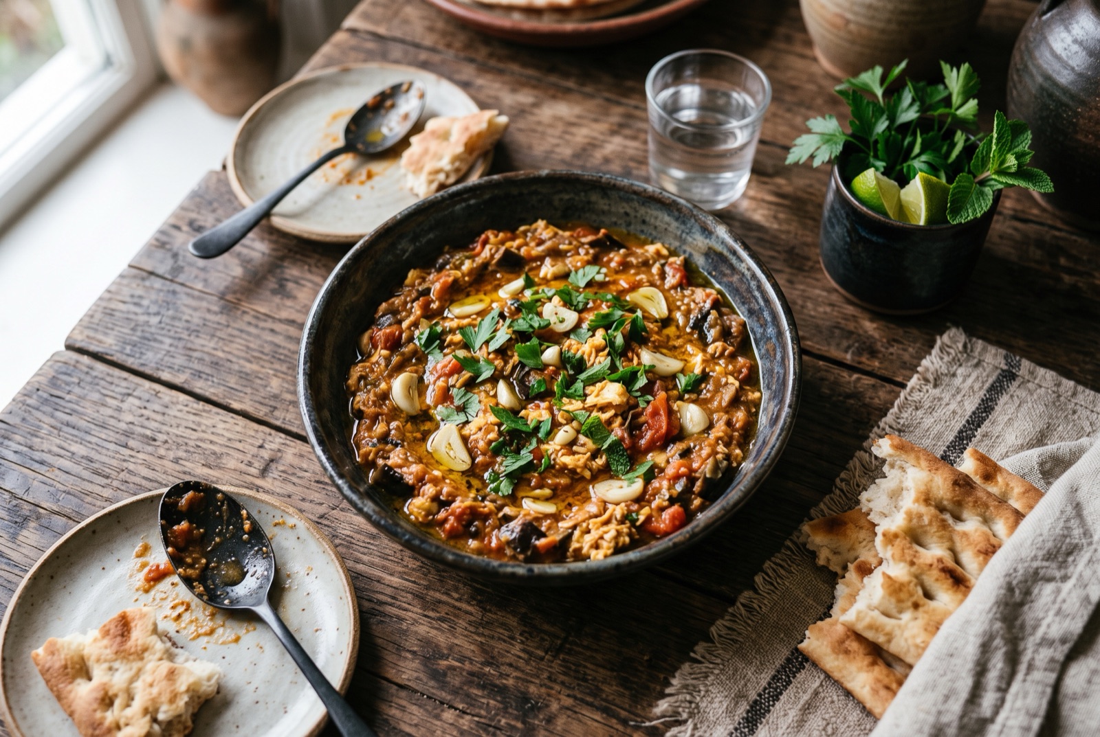 Shallow dish of Persian mirza ghasemi, dark smoked eggplant mashed with tomato and garlic with ribbons of set egg