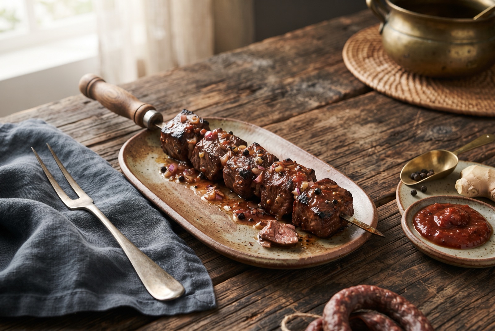 Charred beef mishkaki skewers on a plate with lime wedges and tomato onion kachumbari