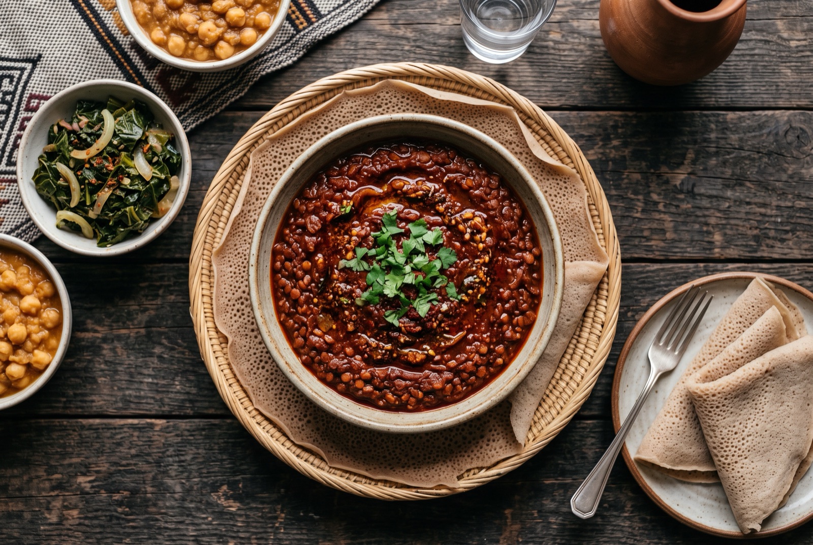 Deep crimson red lentil stew spooned in a thick band onto a pale sheet of injera