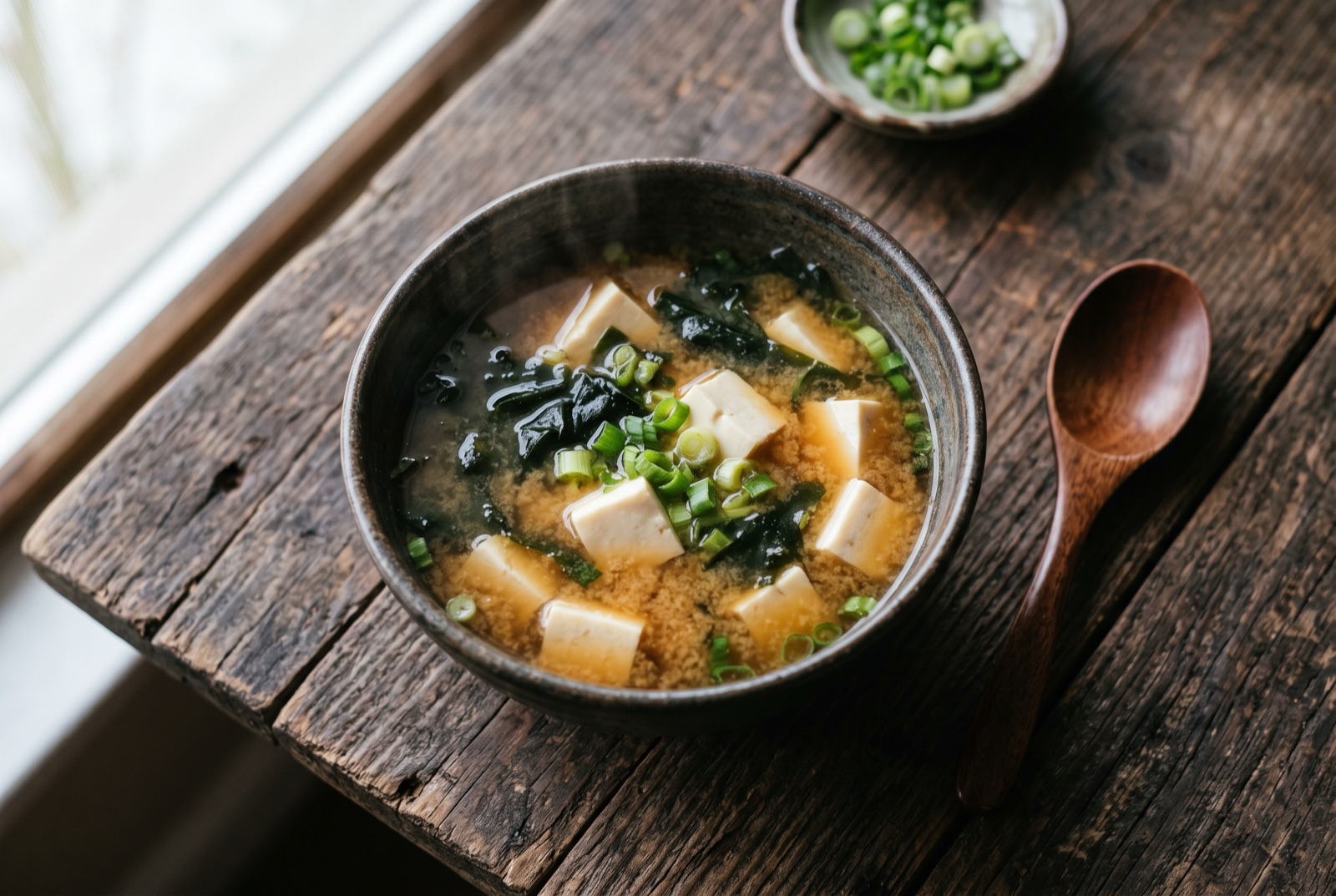 A bowl of cloudy miso soup with silken tofu cubes, wakame ribbons and sliced scallions