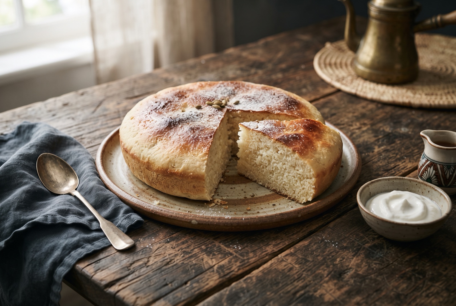 Round pale golden Zanzibar rice bread on a rack with one wedge cut to show the moist crumb