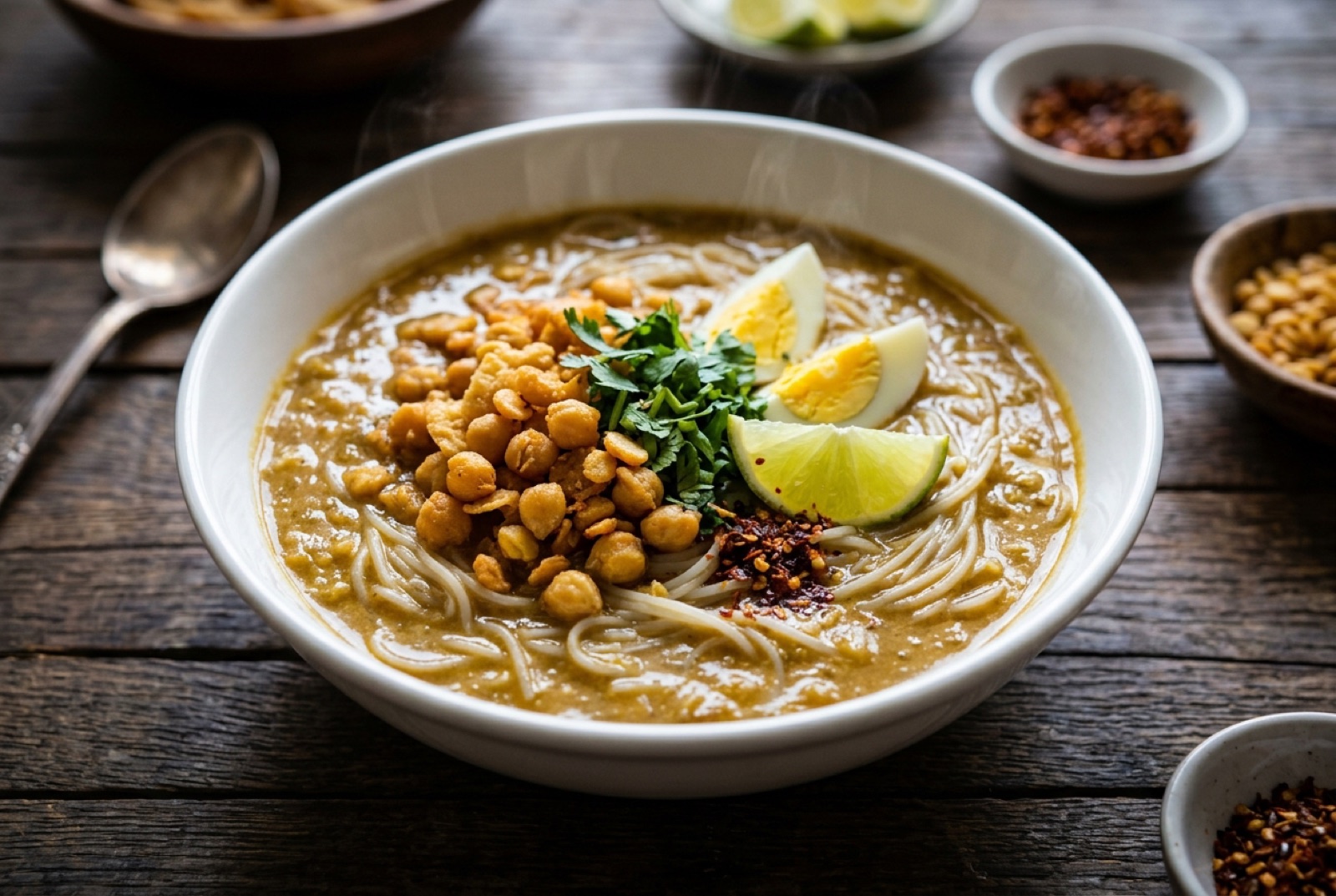 Bowl of Burmese mohinga: thick golden catfish broth over rice vermicelli topped with egg, cilantro and lime