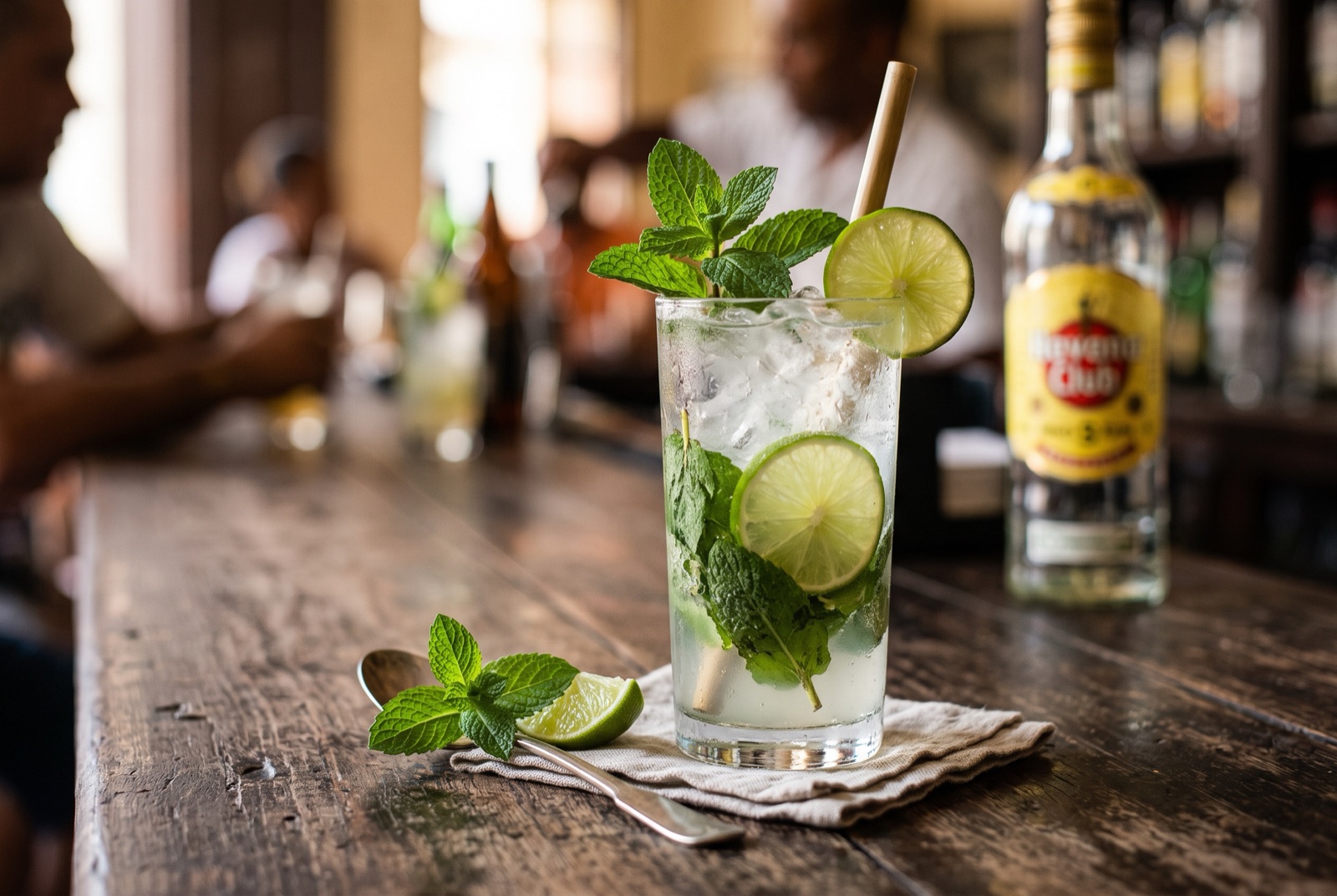 Tall mojito glass packed with ice, mint sprigs and lime, beaded with condensation