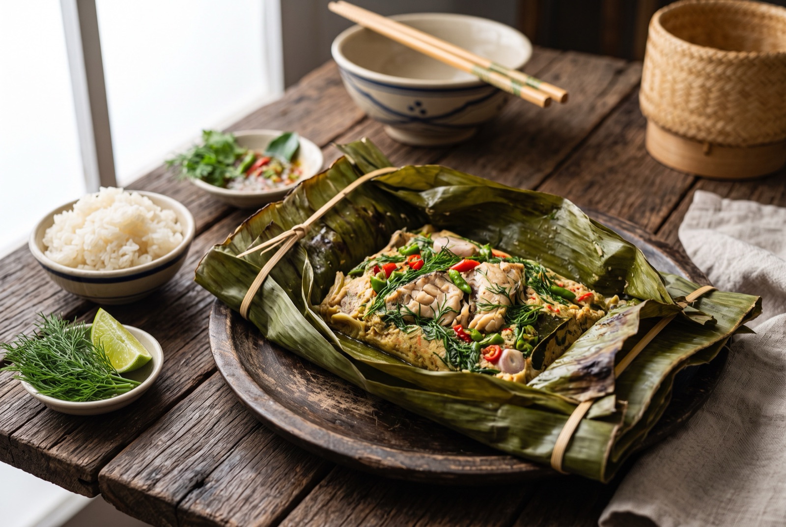 Opened banana leaf parcel of Lao steamed fish with dill, spring onion and chile beside a basket of sticky rice