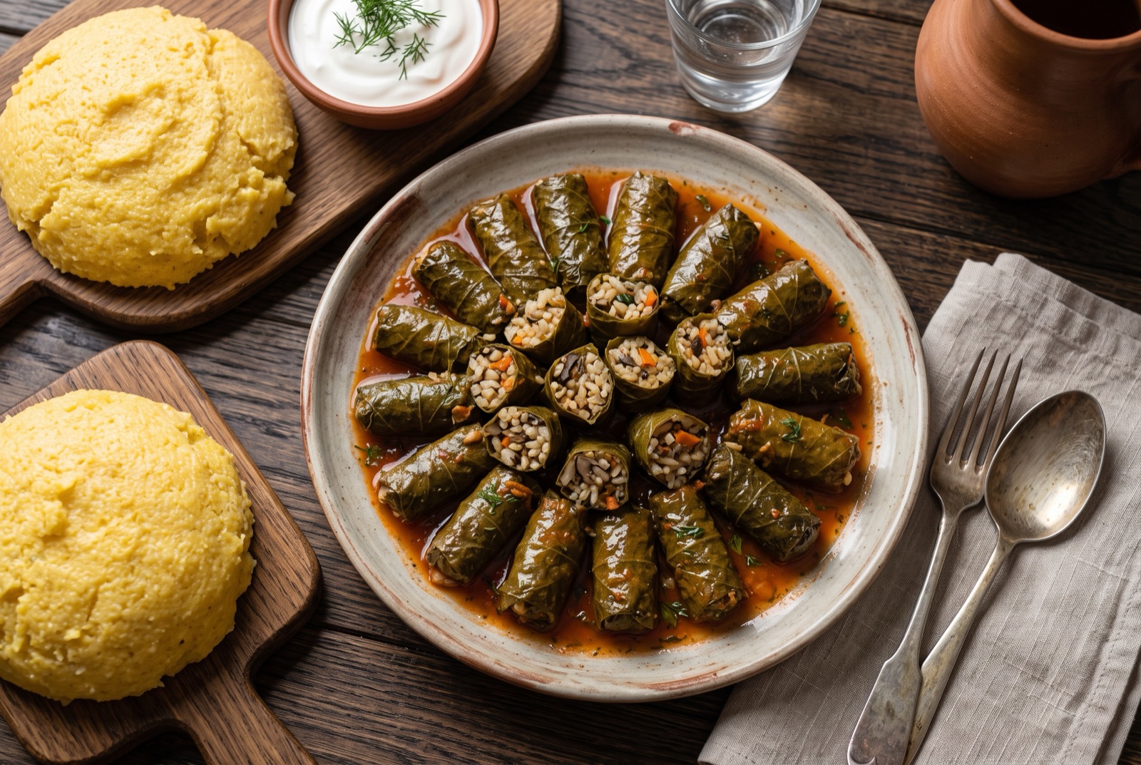 Small vine leaf rolls packed tightly in a pot with tomato sauce, served beside a mound of soft yellow polenta