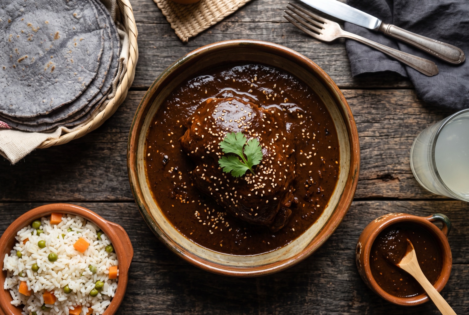 Dark glossy mole poblano poured over turkey pieces and scattered with toasted sesame seeds