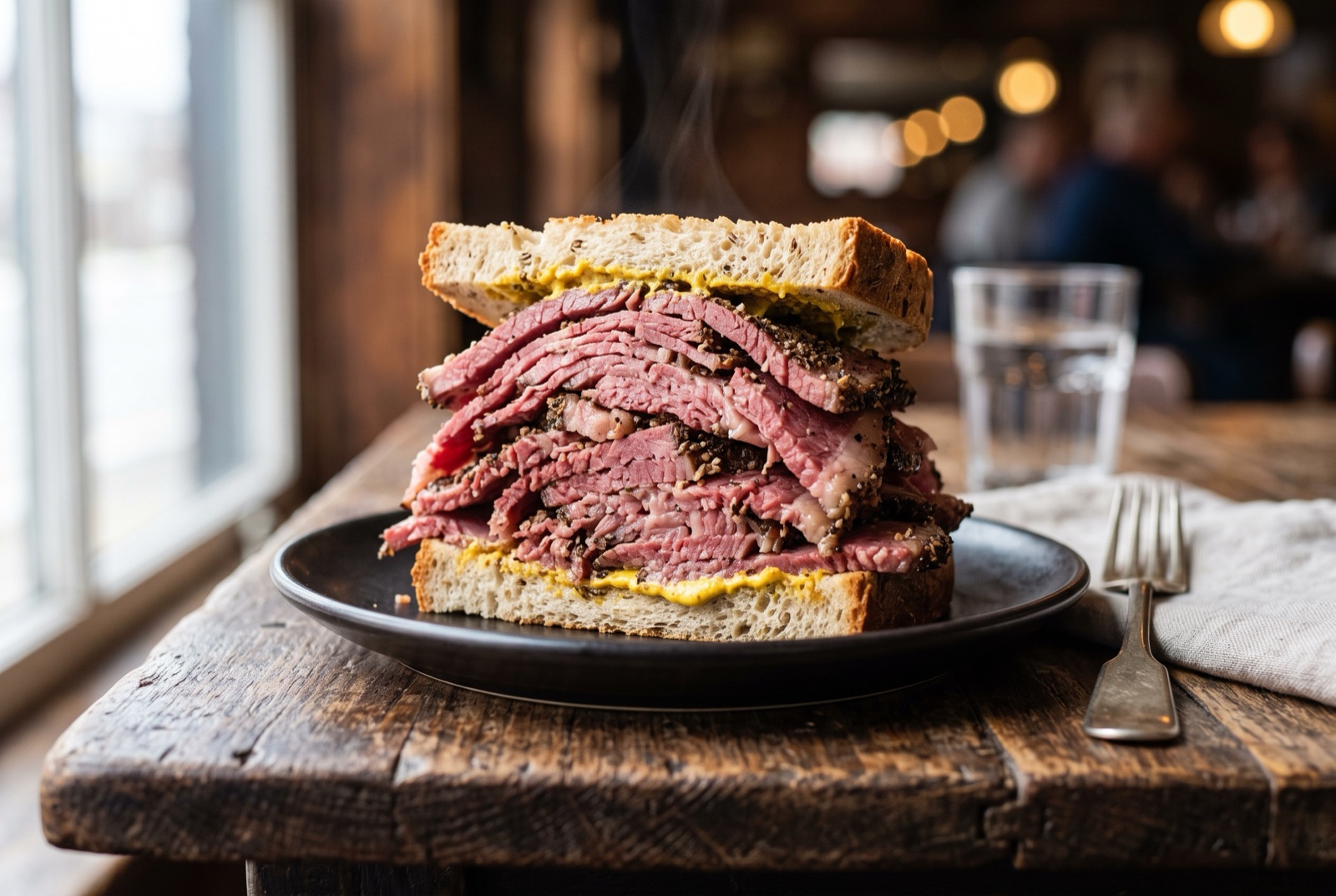 Thick hand-cut slices of peppery cured brisket stacked between two slices of rye with yellow mustard