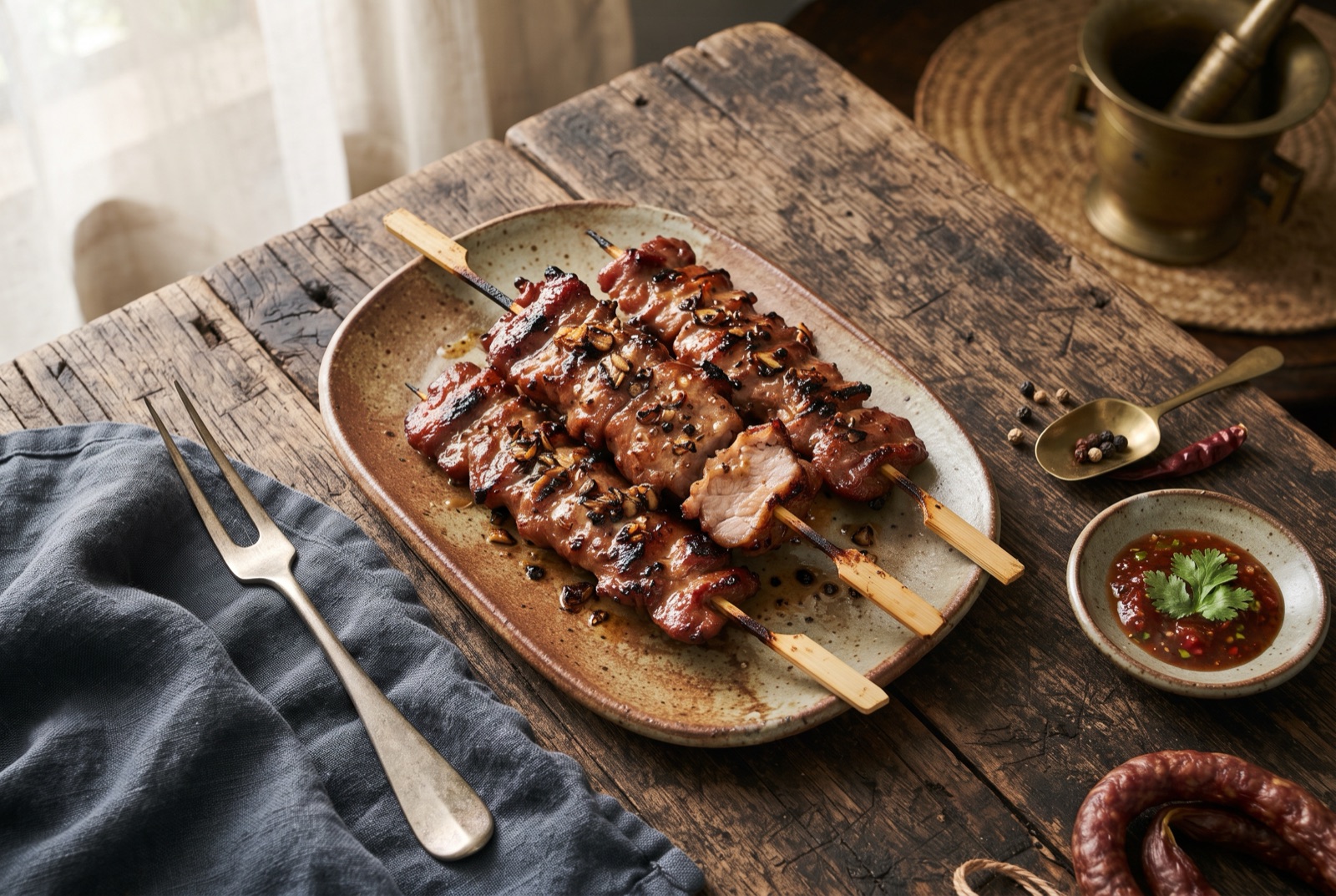 Charred grilled pork skewers glazed dark brown on a street grill, served with a basket of sticky rice