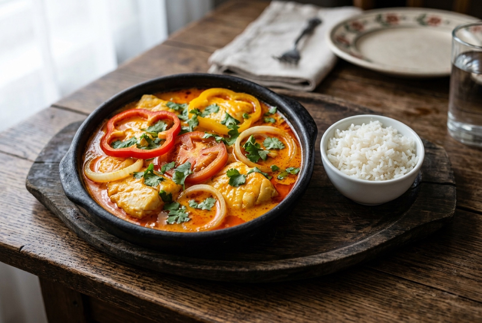 Bubbling moqueca baiana in a wide pot, white fish in orange coconut broth with pepper rings and cilantro