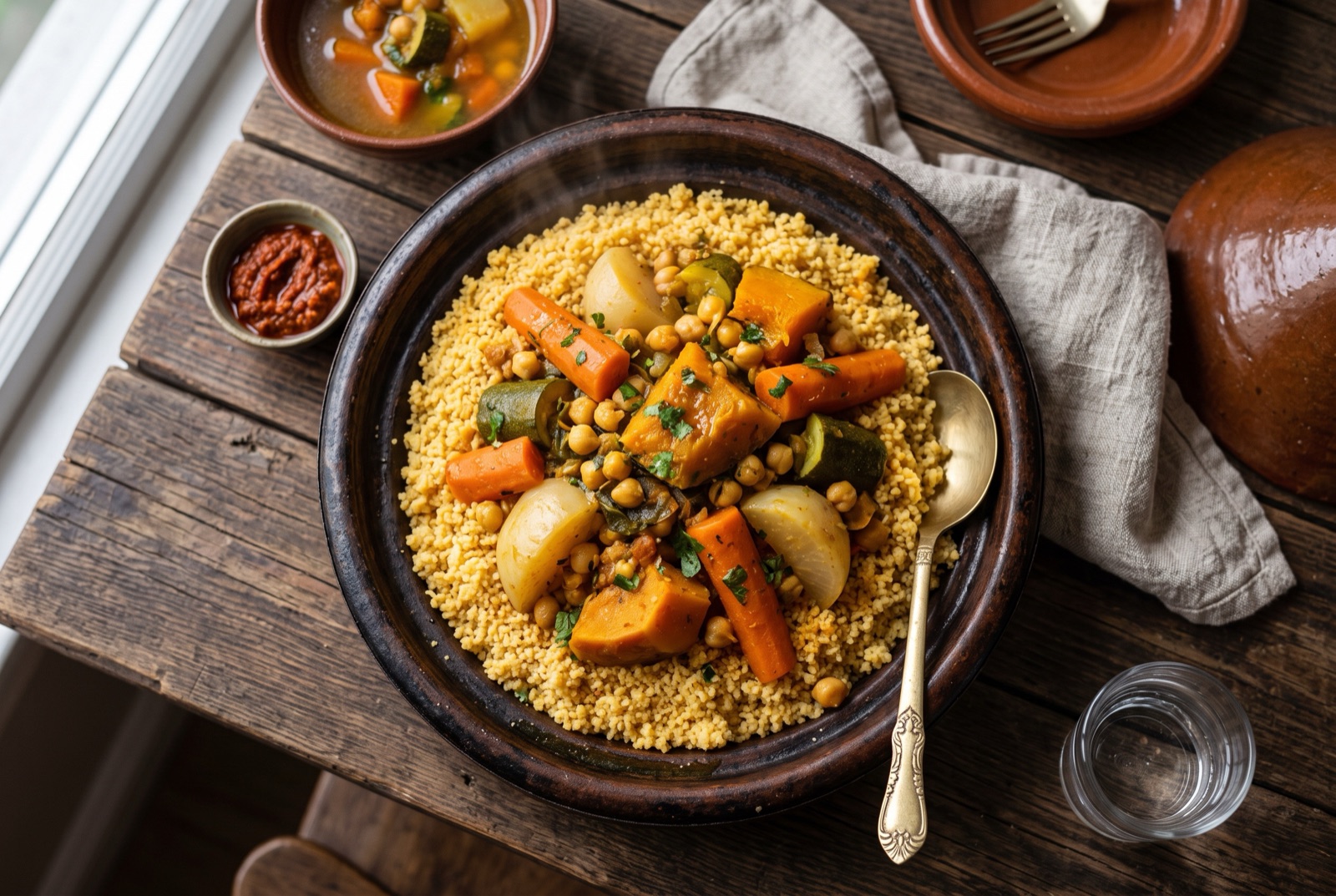 Mound of steamed couscous topped with carrot batons, turnip, pumpkin chunks, zucchini and chickpeas in a wide shallow dish