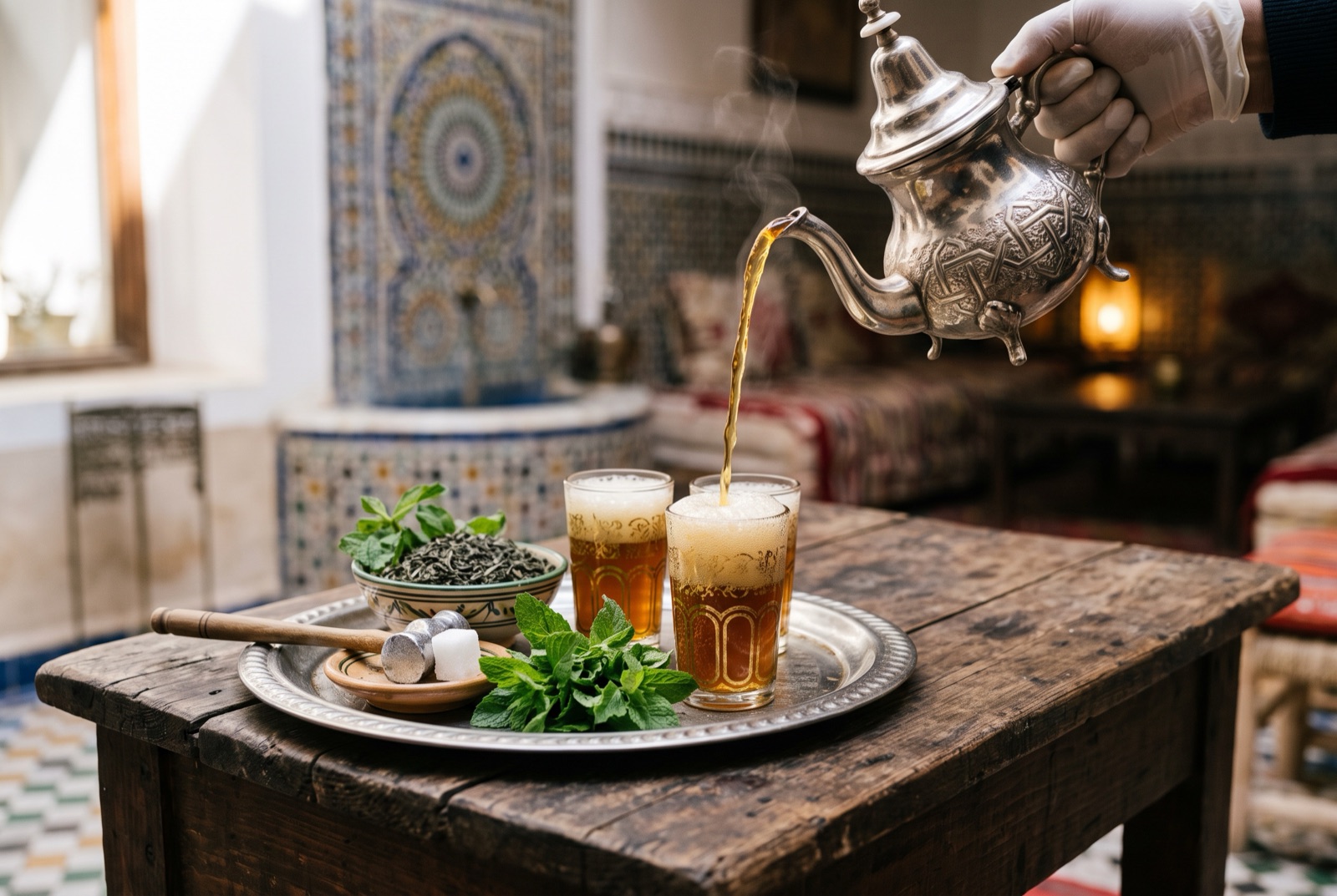 Mint tea poured in a thin stream from a raised silver teapot into a small decorated glass with foam on top