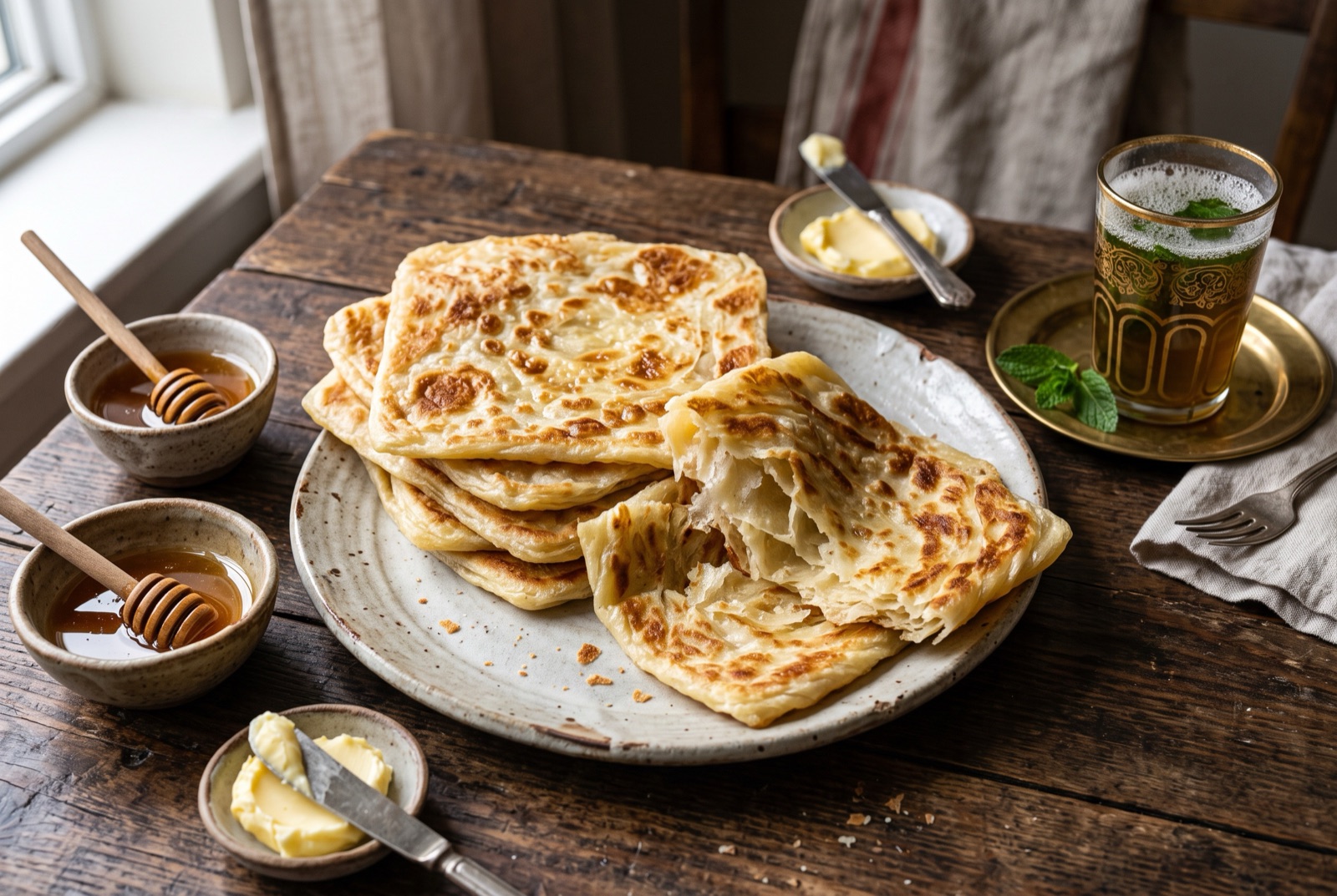 Stack of square golden msemen flatbreads with visible flaky layers, one torn open beside a dish of honey