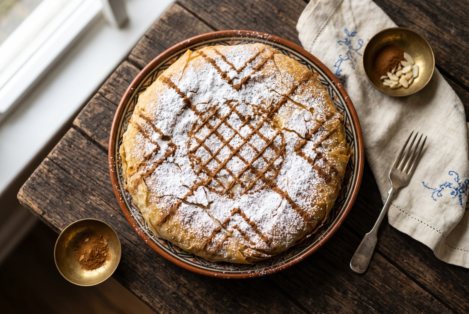 Round golden bastilla pie dusted with icing sugar and cinnamon lattice, one wedge cut to show chicken, egg and almond layers