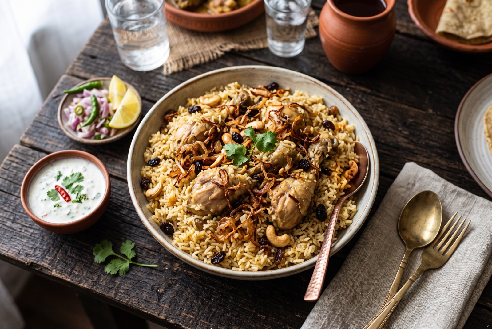 Platter of pale gold chicken polao topped with crisp fried onions, raisins and whole green chiles