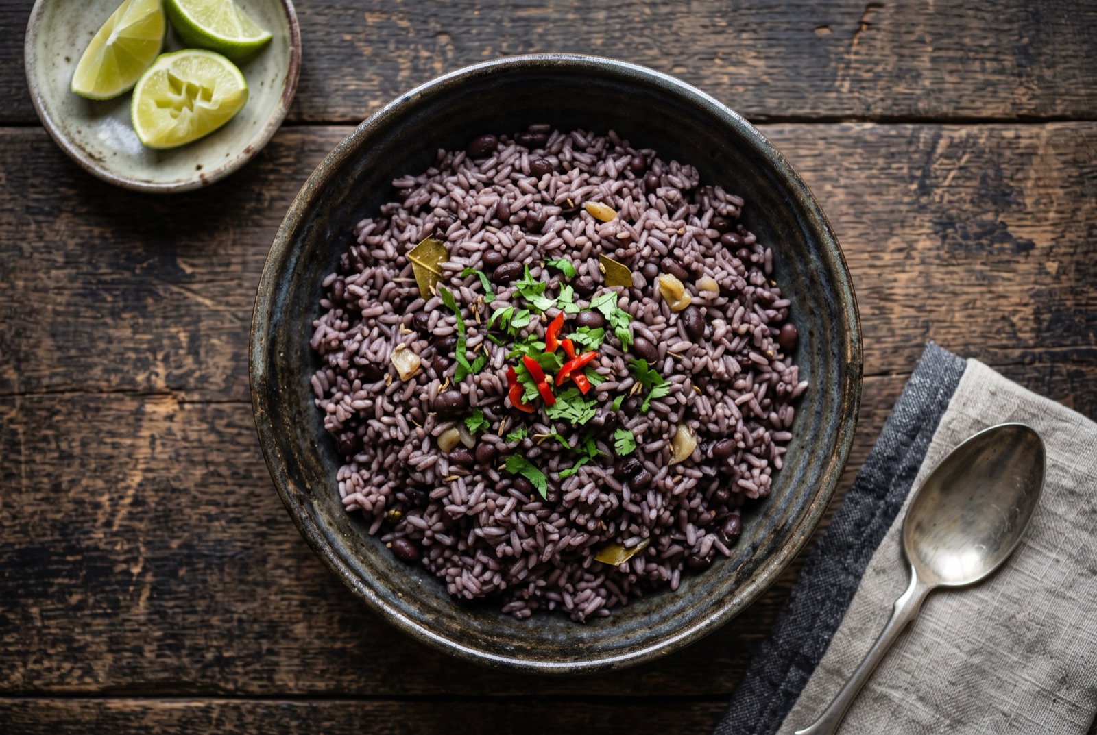Bowl of Cuban moros y cristianos, grey-violet rice cooked with whole black beans