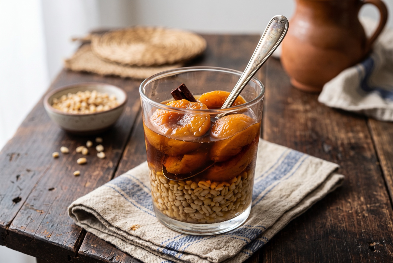 Tall glass of amber syrup with a whole dried peach floating on top and cooked wheat grains settled at the bottom