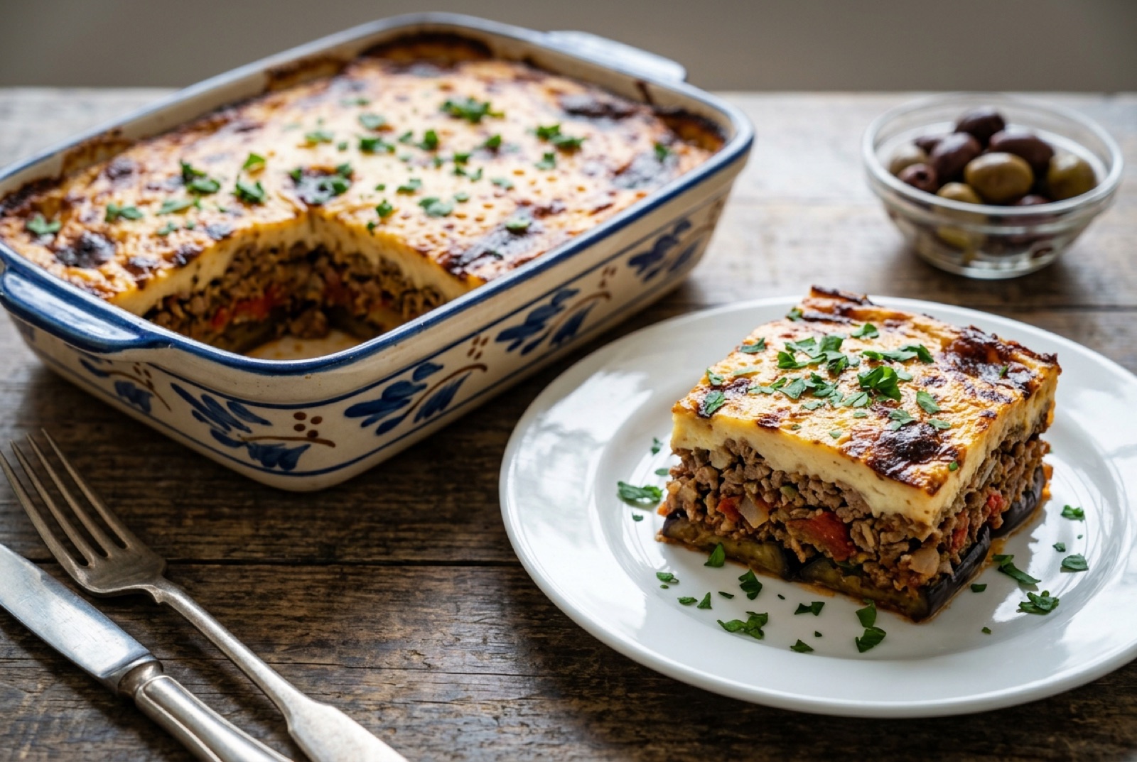 A square of Greek moussaka showing layers of eggplant, meat sauce and golden béchamel