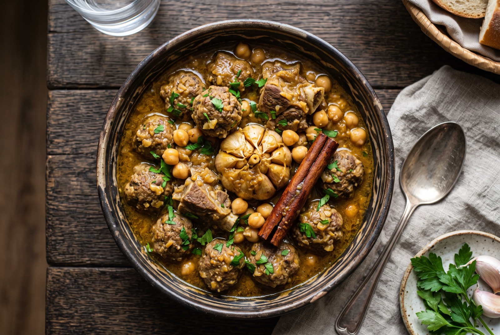 Casserole of Algerian mtewem — small meatballs and lamb with whole garlic cloves and chickpeas in a pale sauce