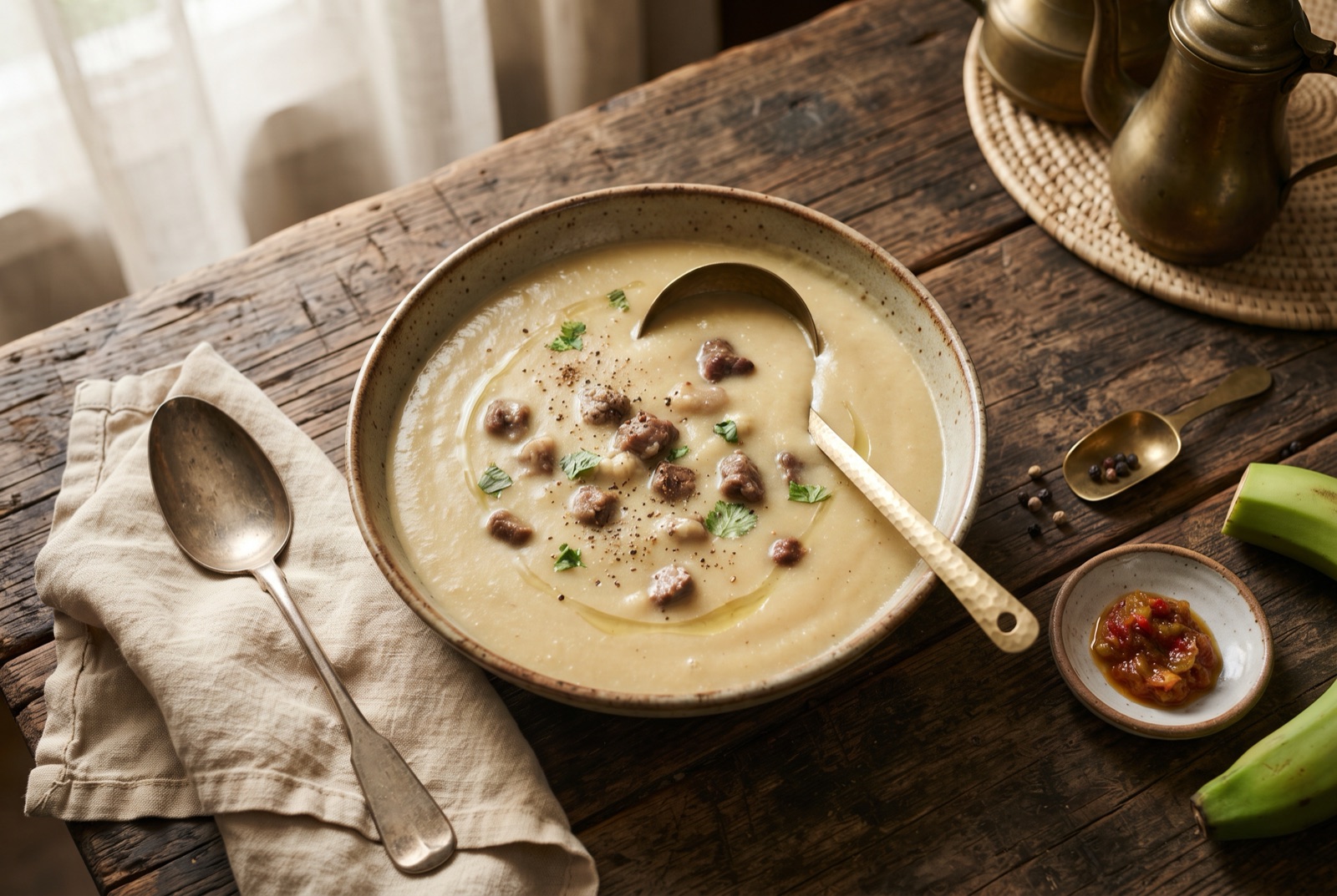 Bowl of thick pale mtori soup with shredded beef, soft green banana pieces and a swirl of melted butter