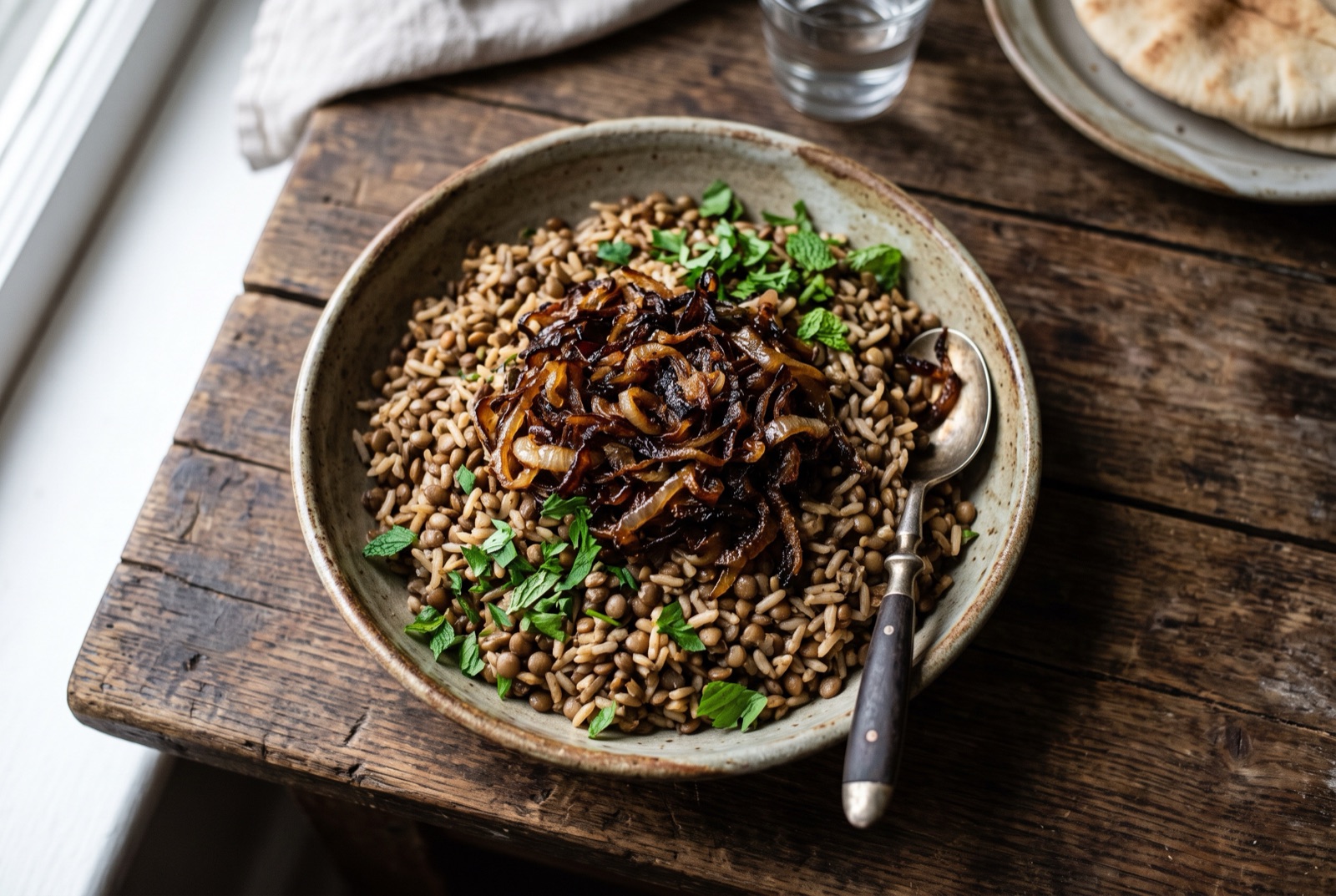 A platter of lentils and rice mujadara topped with a pile of dark caramelized onion strands