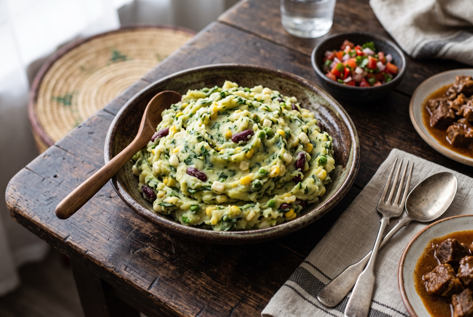 Mound of pale green Kikuyu mukimo mash flecked with maize kernels and beans, a hollow of stew on top