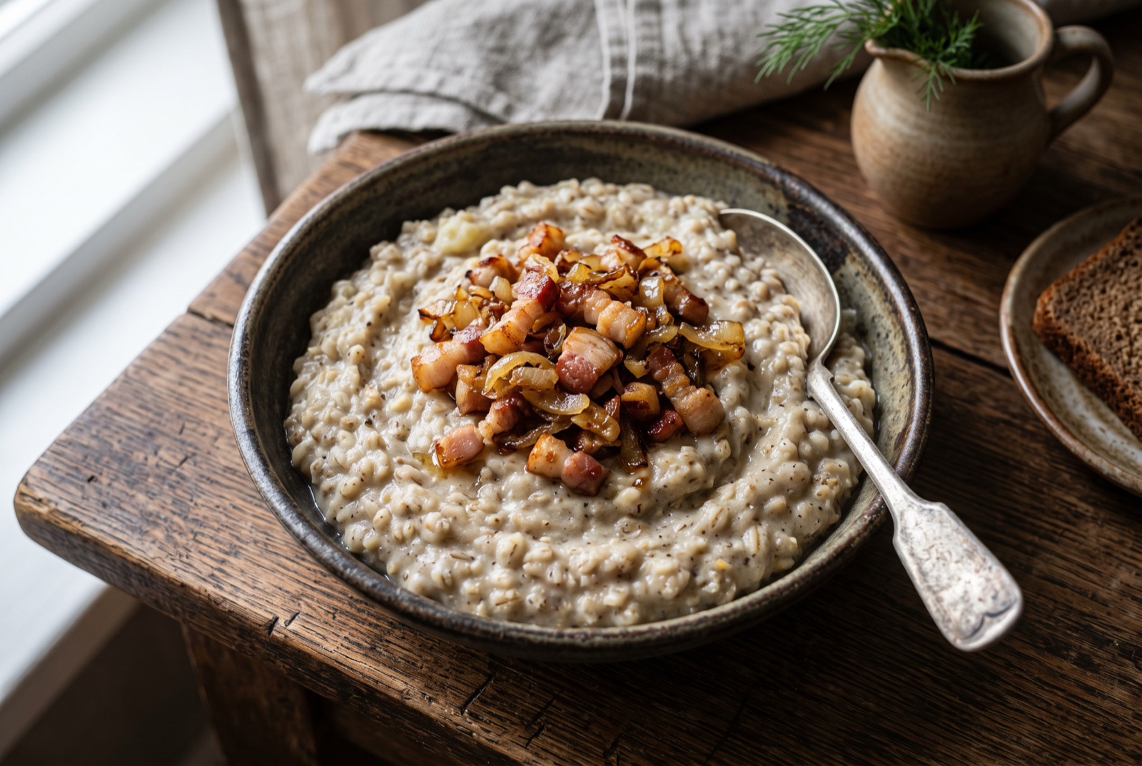 Bowl of creamy grey Estonian barley and potato mash topped with crisp bacon cubes and browned onion