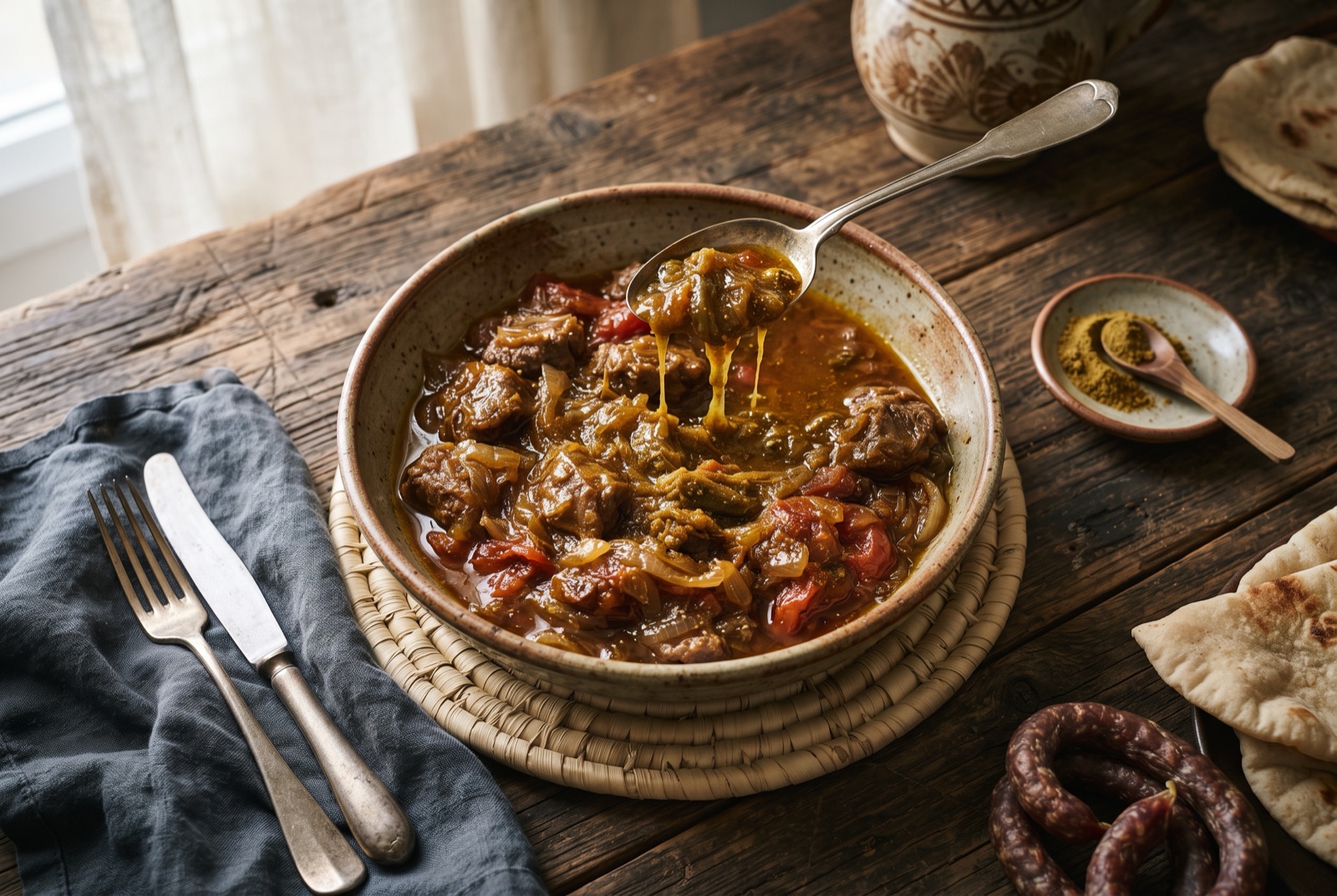 Glossy dark red Sudanese okra stew with chunks of lamb, trailing in a thread from a raised spoon