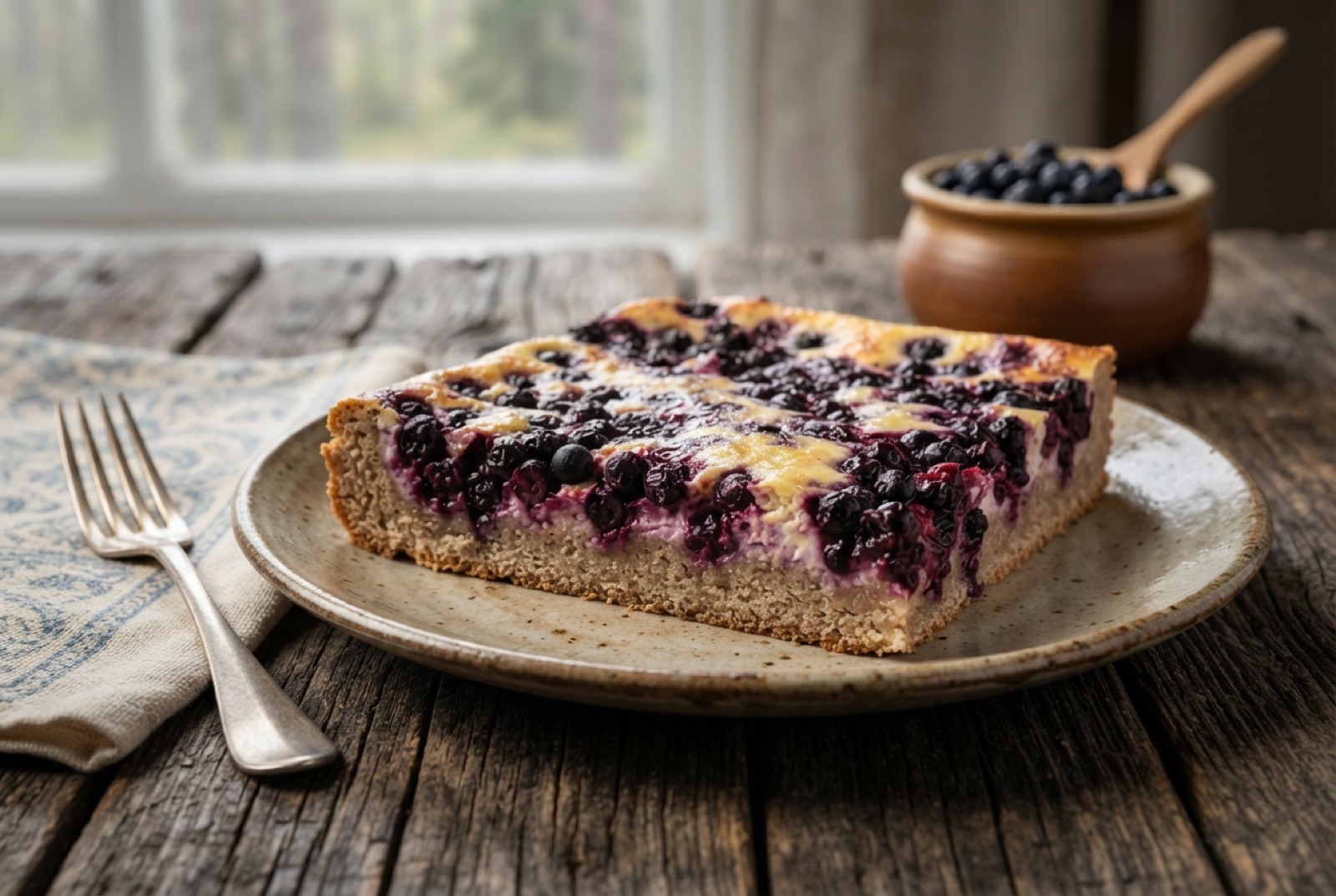 Squares of Finnish blueberry tray pie with dark bilberries set in pale quark custard on a soft base