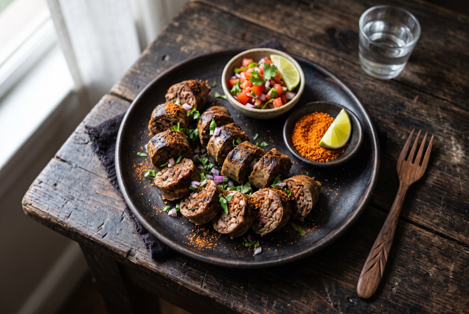 Coil of charcoal-grilled Kenyan mutura sliced into dark coins on a wooden board with chilli salt