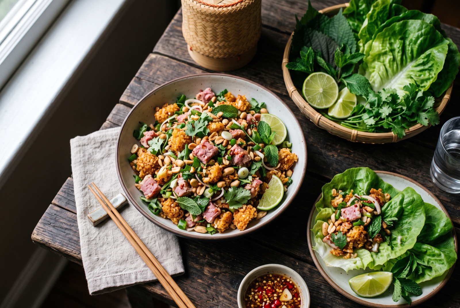 Lao crispy rice salad with shattered fried rice, shredded fermented pork, peanuts and herbs beside lettuce leaves