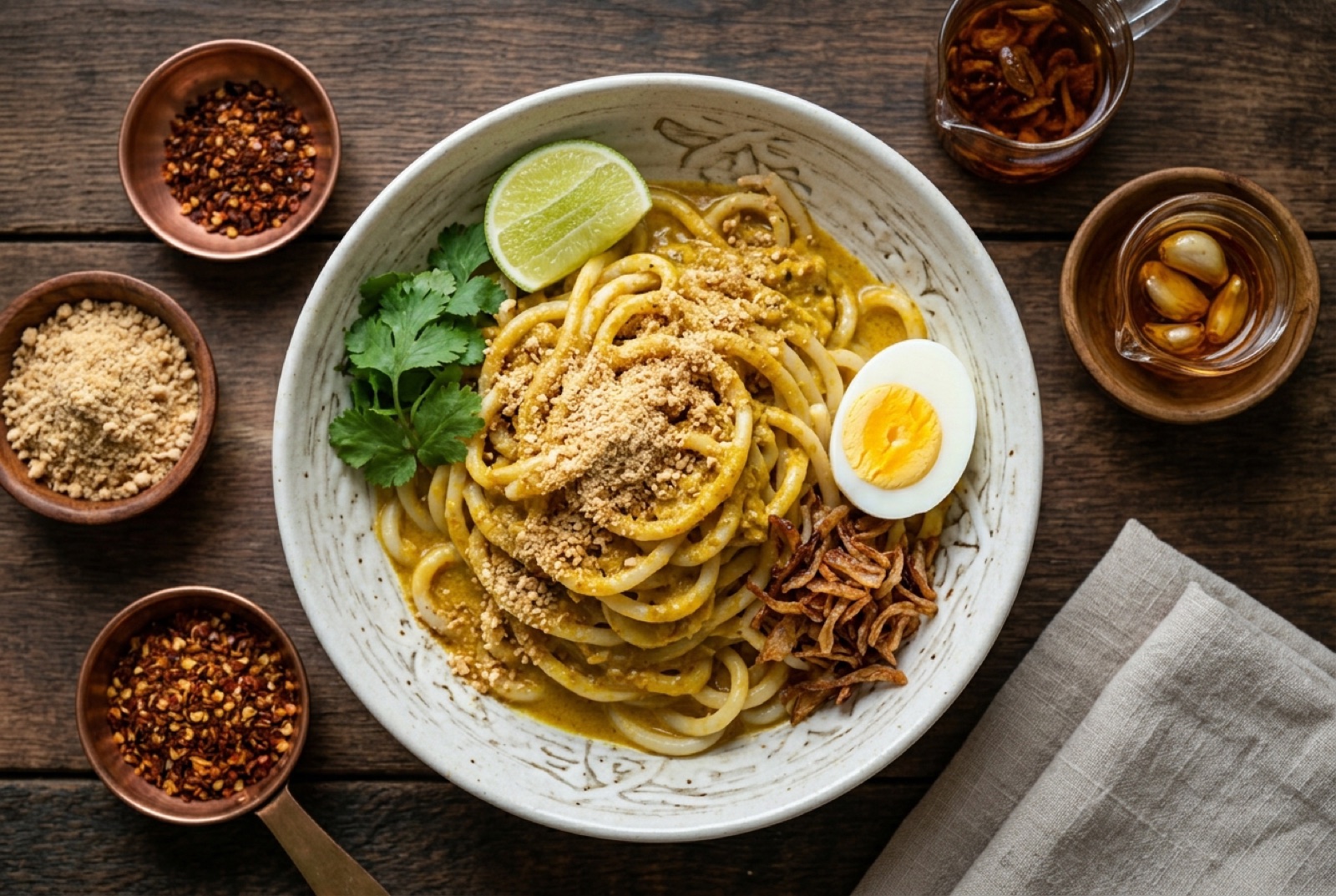 Bowl of nan gyi thoke: thick rice noodles coated in orange chicken curry with egg slices and cilantro