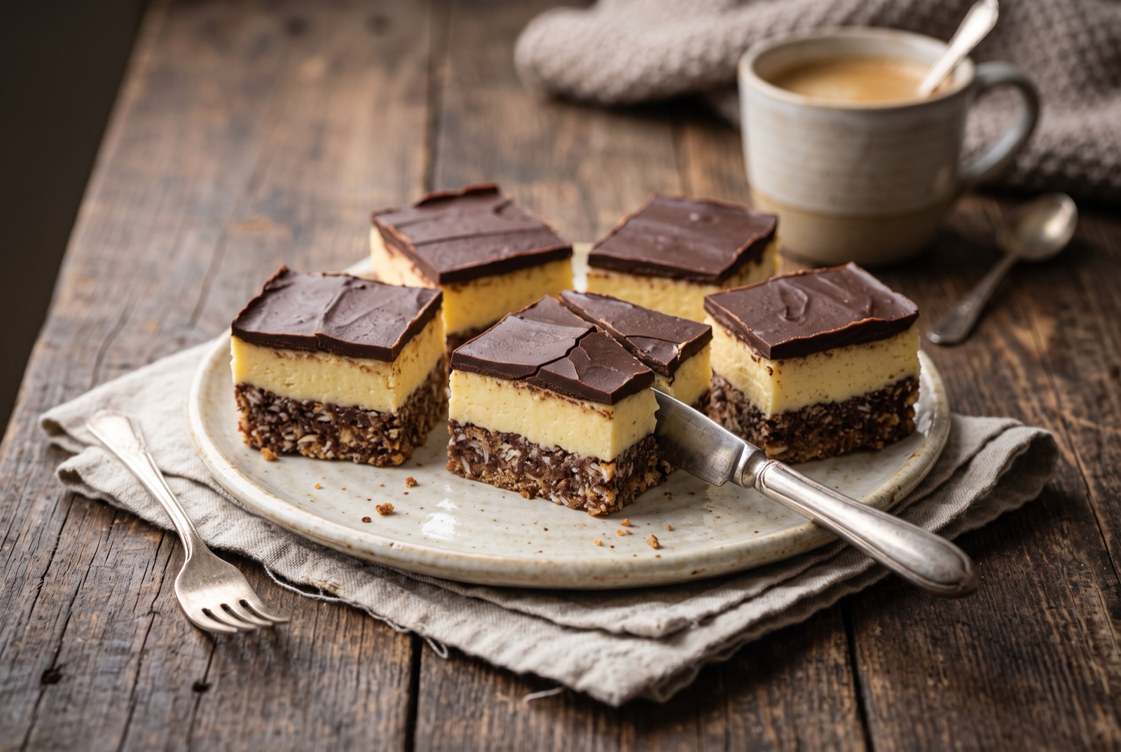 Stacked Nanaimo bars showing a dark crumb base, pale yellow custard layer and glossy chocolate top
