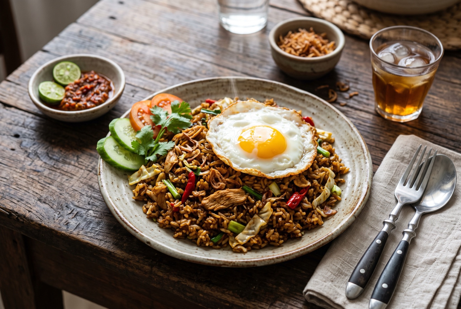 Dark mahogany Indonesian fried rice topped with a crispy fried egg, with cucumber slices and krupuk alongside