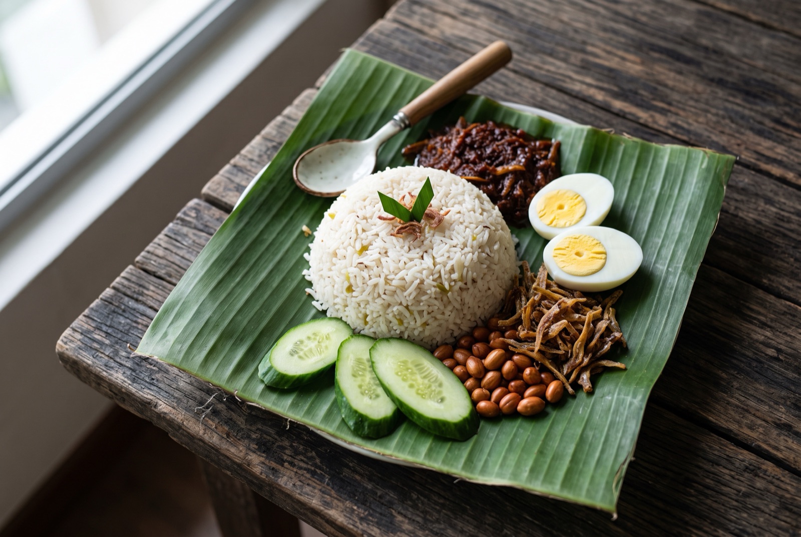 Mound of coconut rice on a banana leaf with dark red sambal, crisp anchovies, peanuts, cucumber slices and half a boiled egg