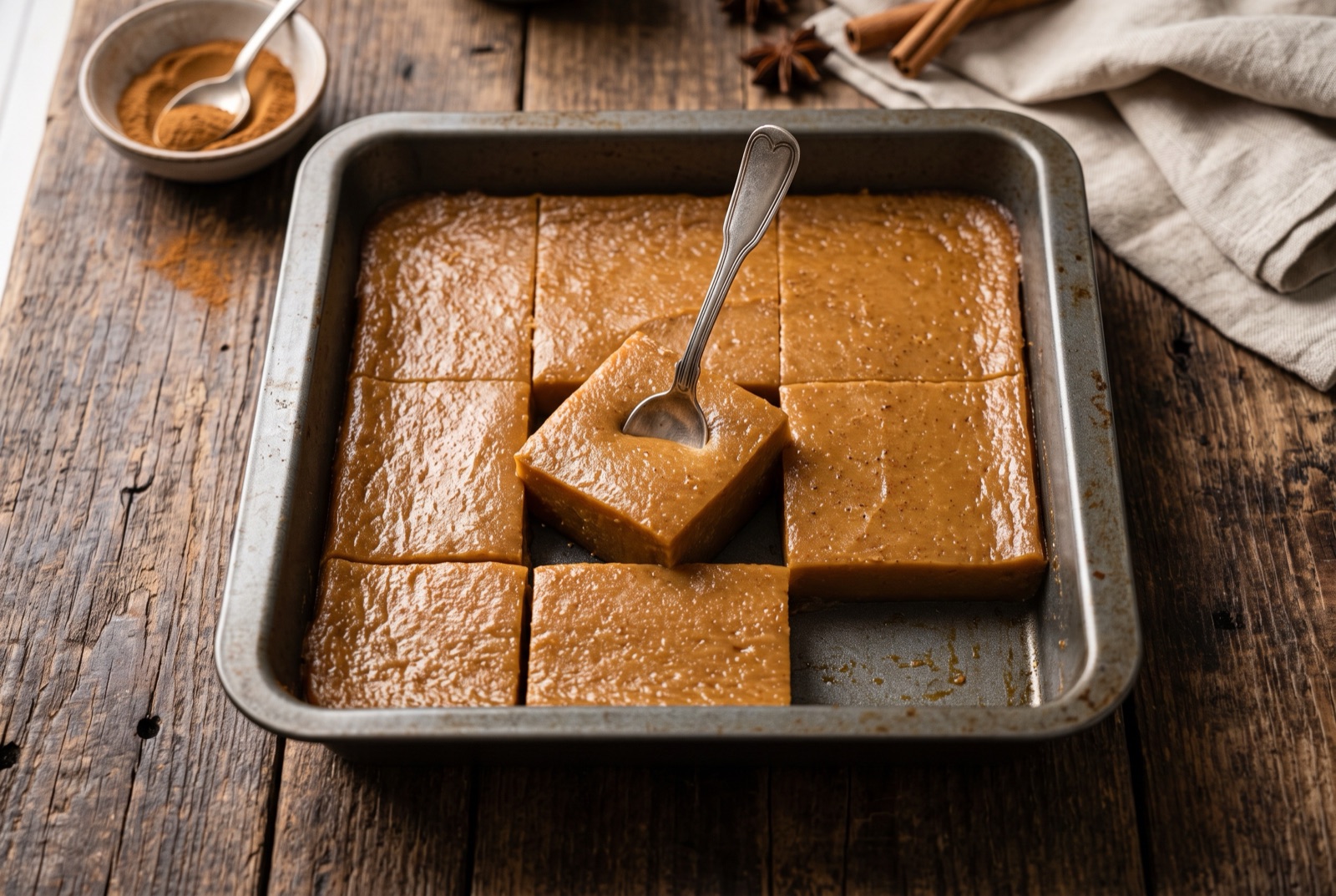 Squares of caramel-brown Colombian natilla dusted with cinnamon on a tray, with buñuelos alongside
