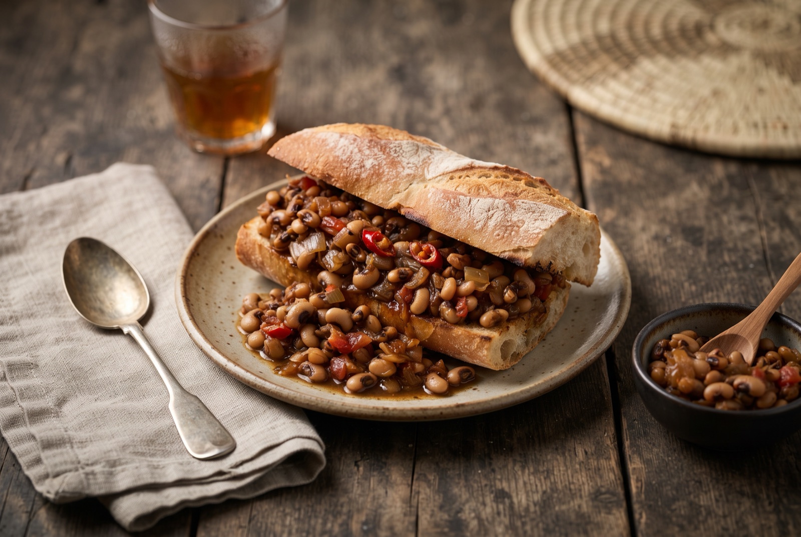 Split baguette filled with dark red-brown cowpea stew, scallions scattered over the top, held over paper wrapping