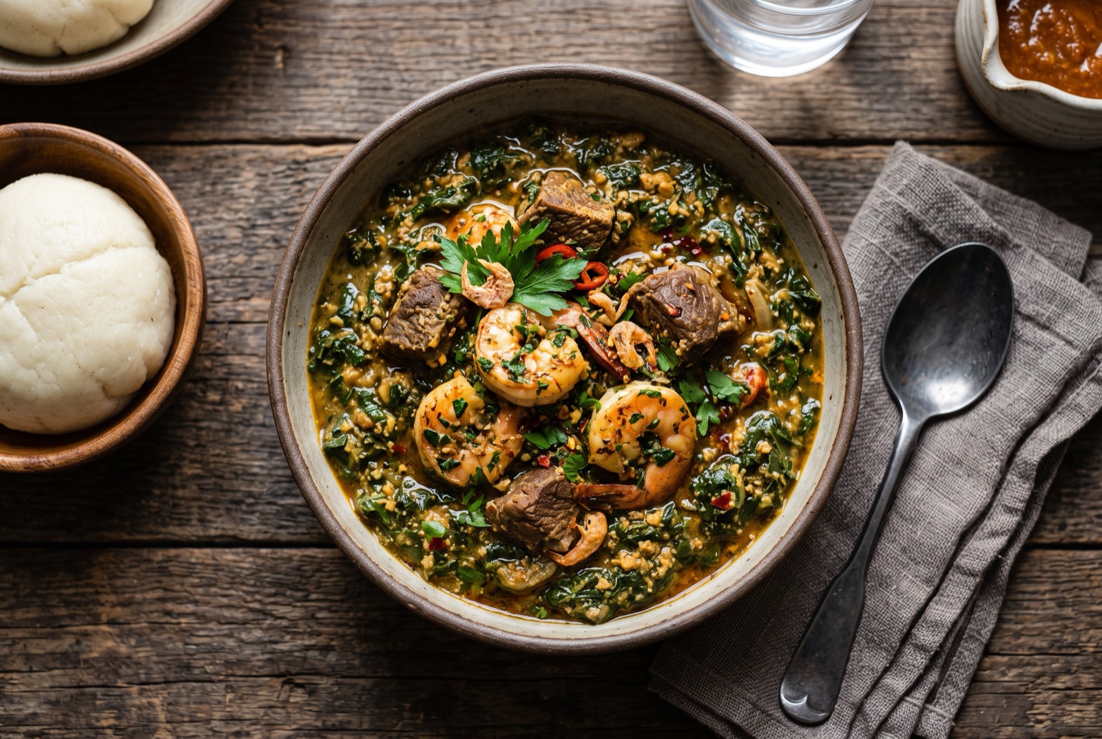 Bowl of thick dark green ndolé stew with beef and shrimp, served beside fried ripe plantain