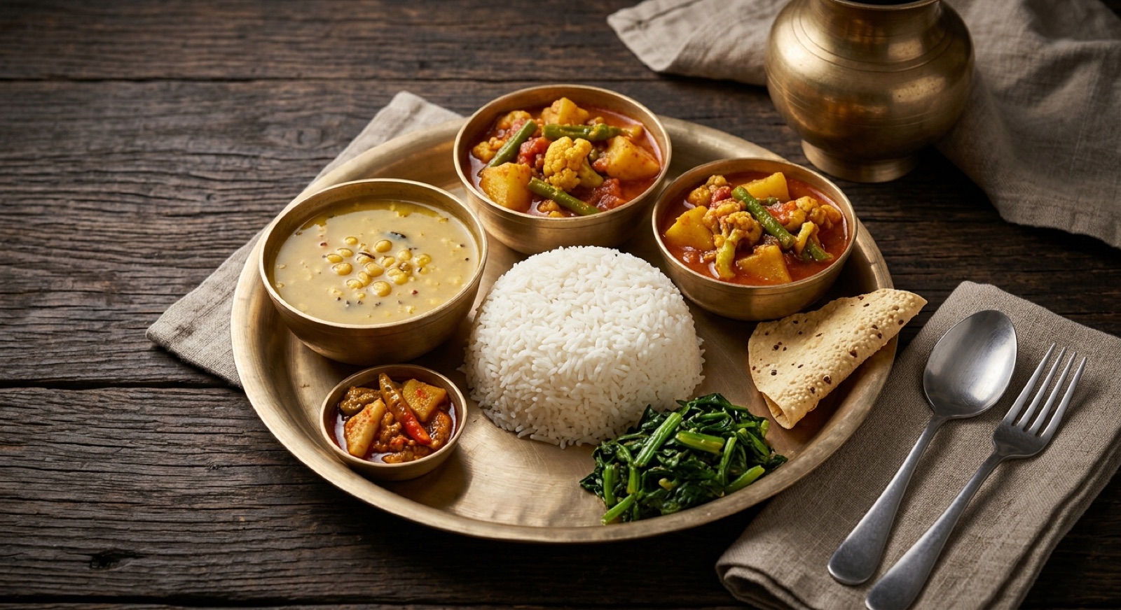 Nepali dal bhat plate with rice in the centre, lentil soup, potato and cauliflower curry and pickle